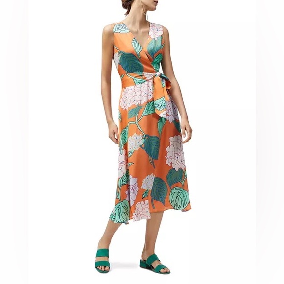 Lafayette 148 Tangerine, Pocketed Tie Floral‎ Sleeveless Midi Dress, Size 12 - Picture 1 of 12
